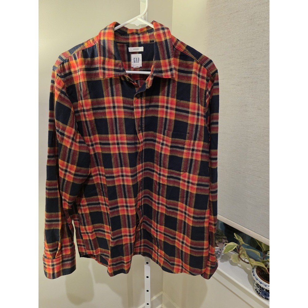 GAP Mens Plaid Flannel Long Sleeve Button Up Shirt Orange Blue Casual L Preppy